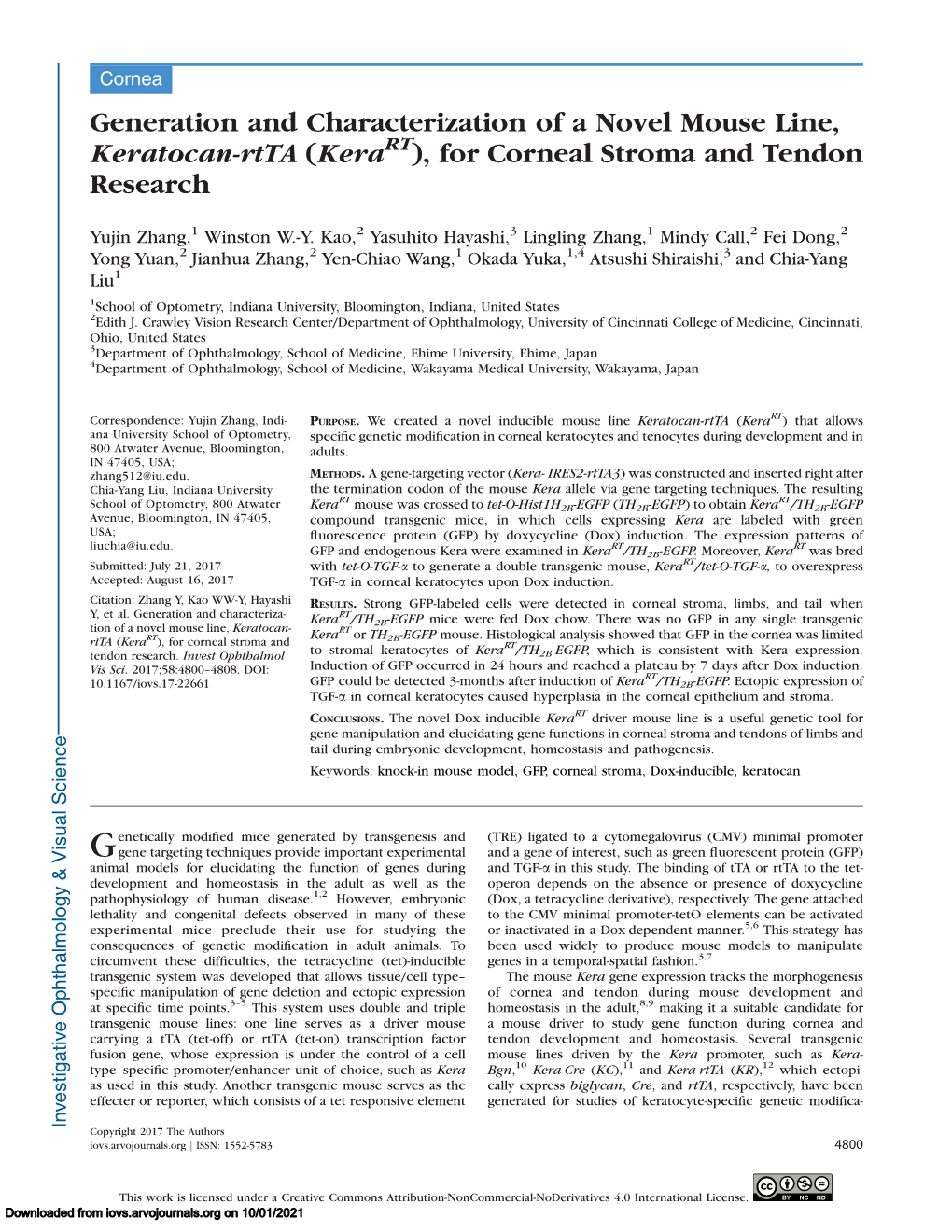 Generation and Characterization of a Novel Mouse Line, Keratocan-Rtta (Kerart), for Corneal Stroma and Tendon Research