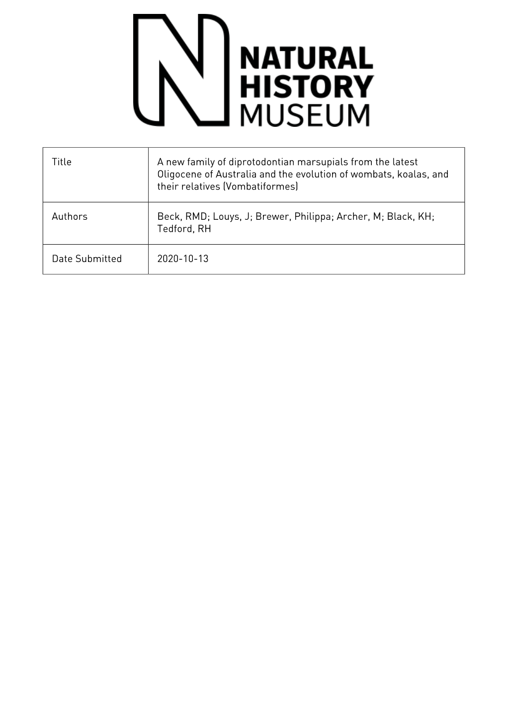 SUPPLEMENTARY INFORMATION for a New Family of Diprotodontian Marsupials from the Latest Oligocene of Australia and the Evolution