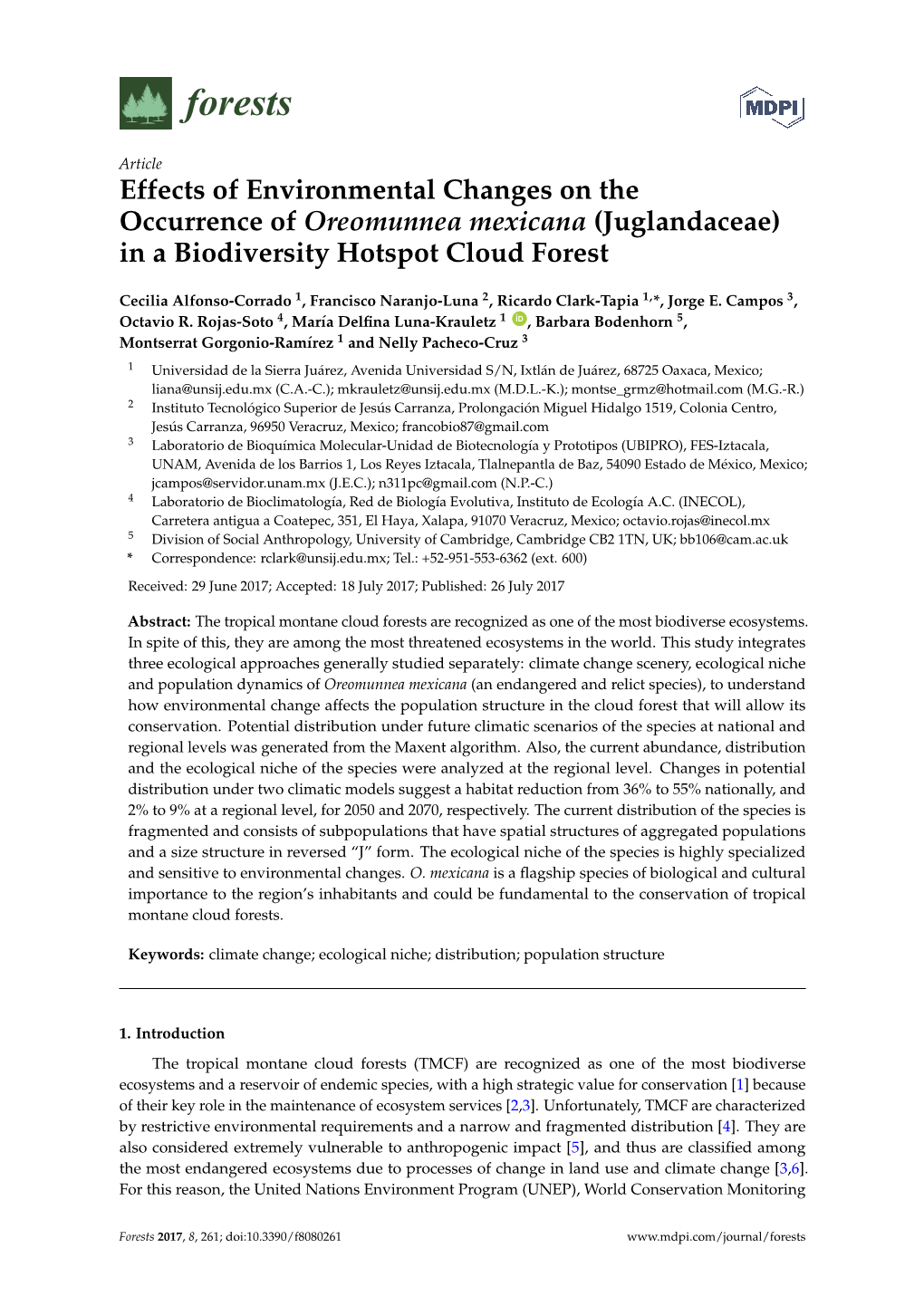 Effects of Environmental Changes on the Occurrence of Oreomunnea Mexicana (Juglandaceae) in a Biodiversity Hotspot Cloud Forest