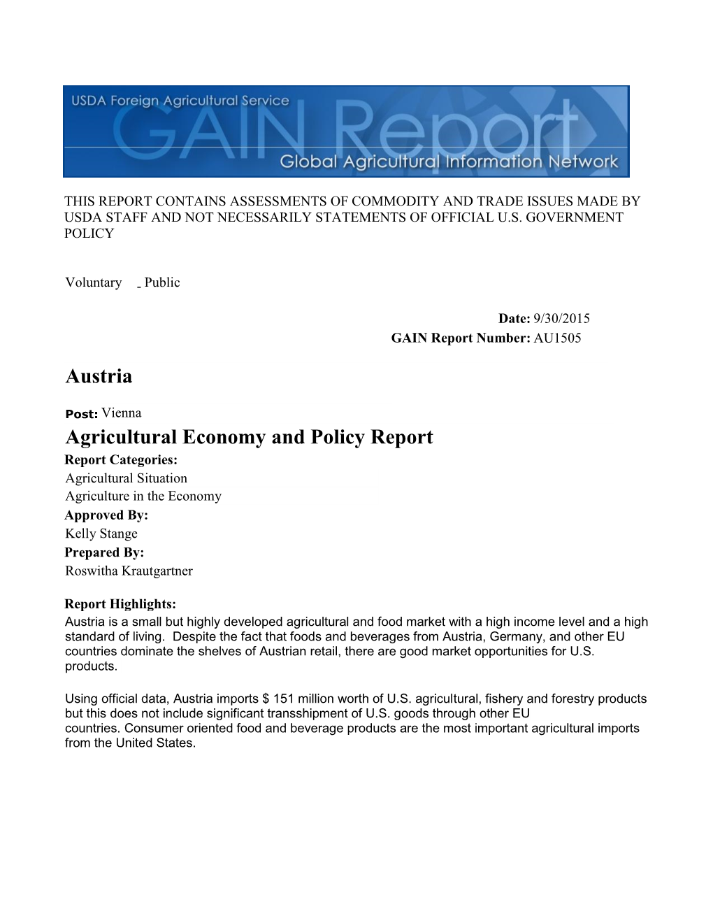 Agricultural Economy and Policy Report Austria
