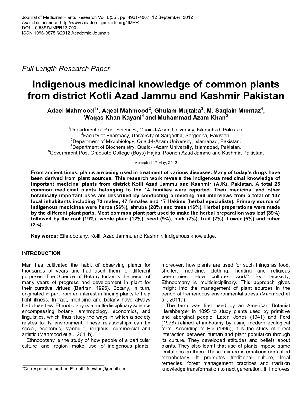 Indigenous Medicinal Knowledge of Common Plants from District Kotli Azad Jammu and Kashmir Pakistan