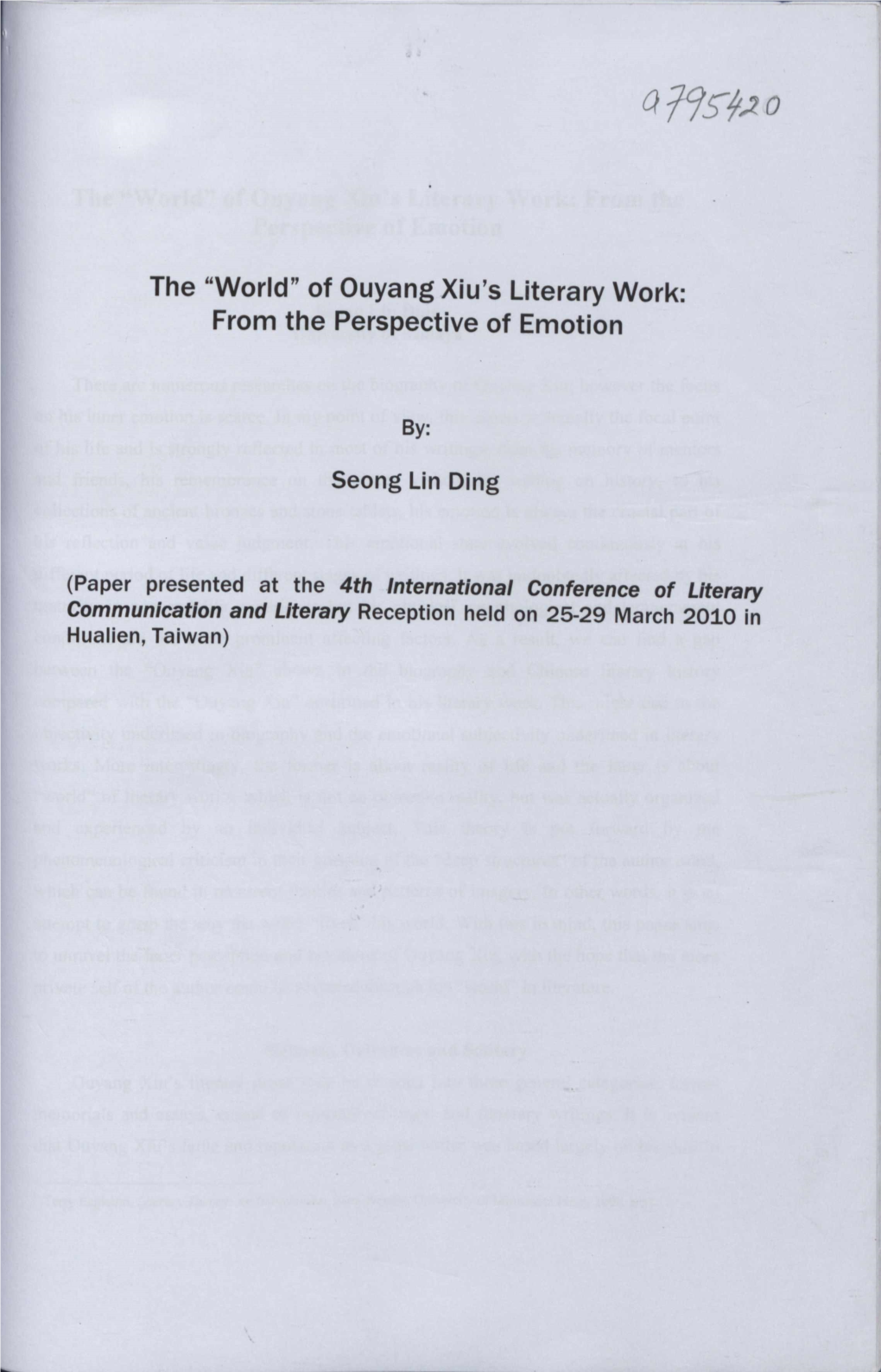 Of Ouyang Xiu's Literary Work: from the Perspective of Emotion