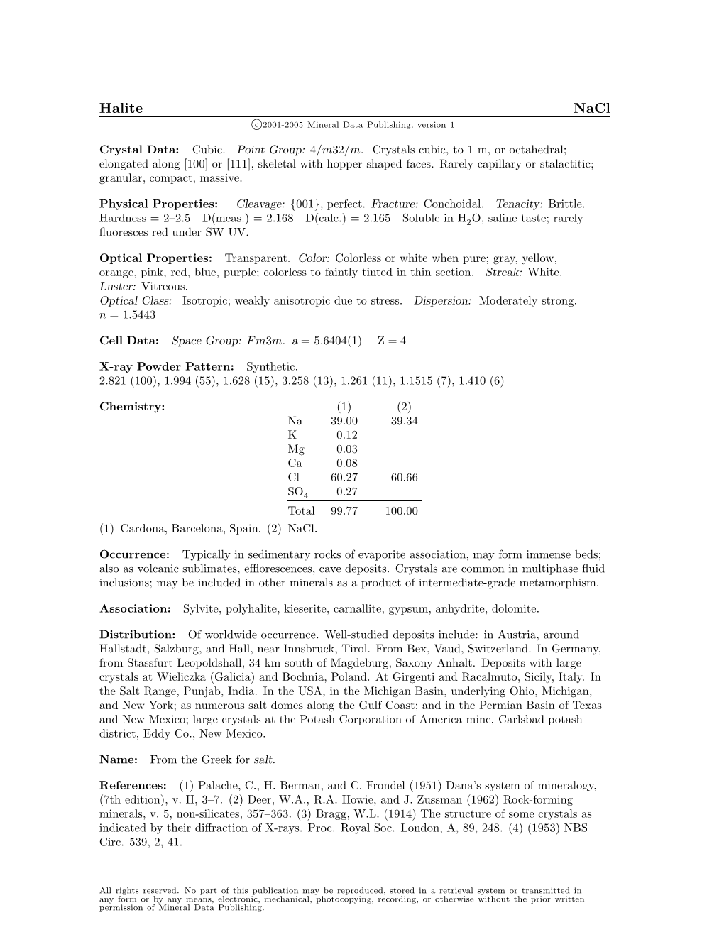 Halite Nacl C 2001-2005 Mineral Data Publishing, Version 1