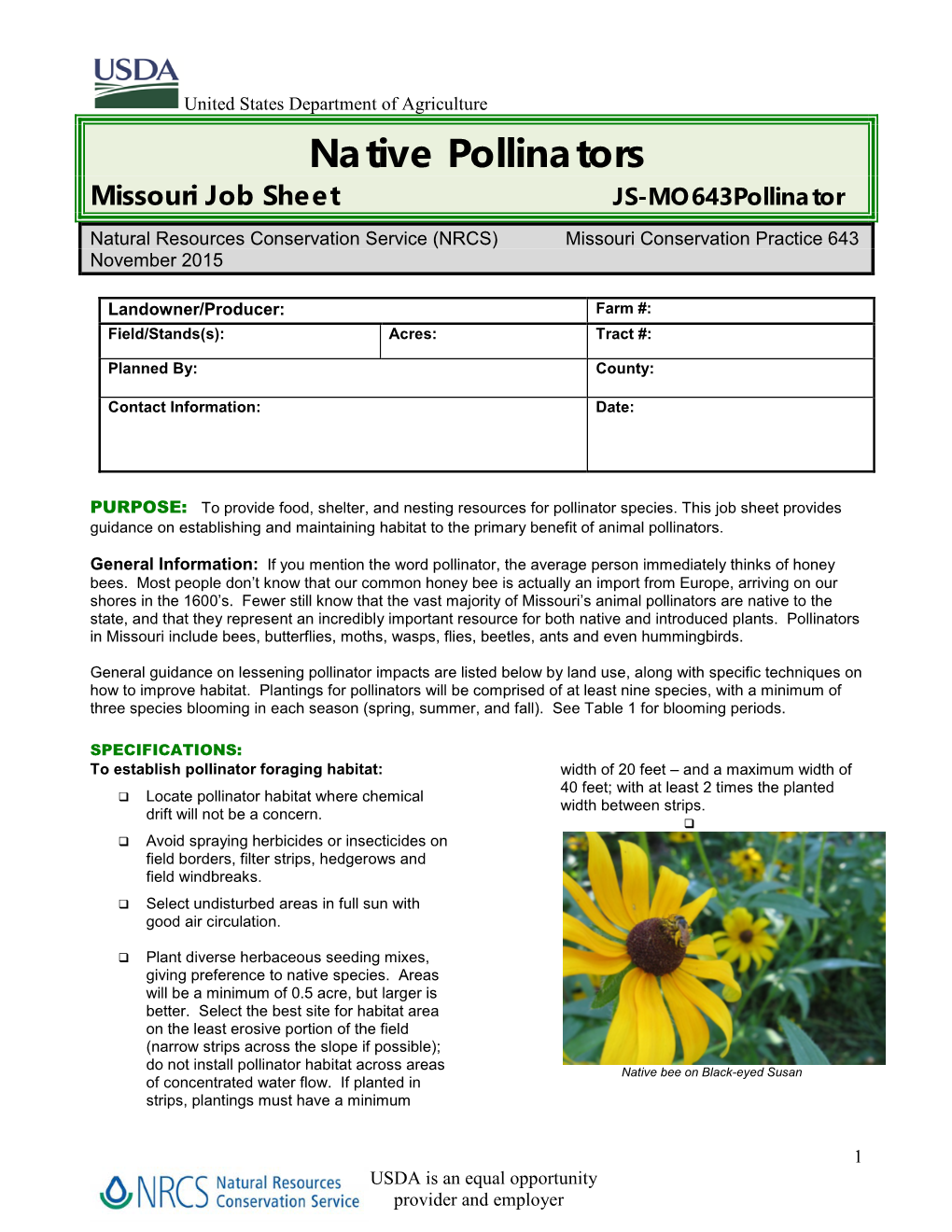 Native Pollinators Missouri Job Sheet JS-Mo643pollinator Natural Resources Conservation Service (NRCS) Missouri Conservation Practice 643 November 2015