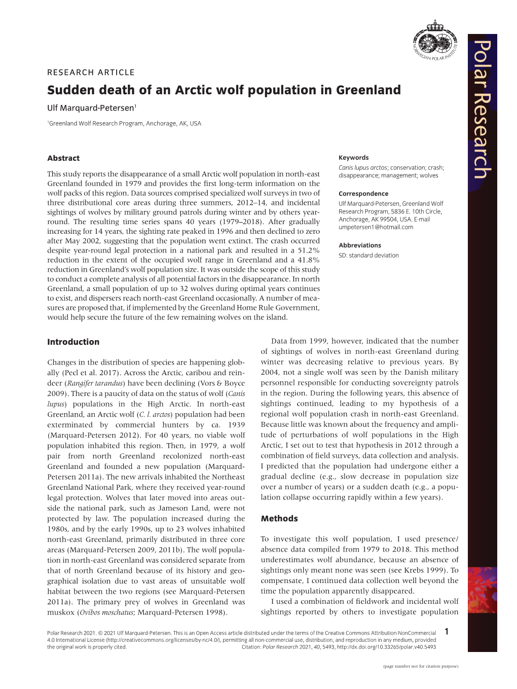 Sudden Death of an Arctic Wolf Population in Greenland Ulf Marquard-Petersen1