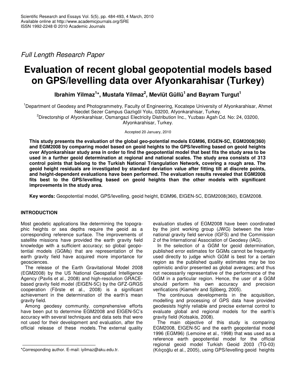 Evaluation of Recent Global Geopotential Models Based on GPS/Levelling Data Over Afyonkarahisar (Turkey)