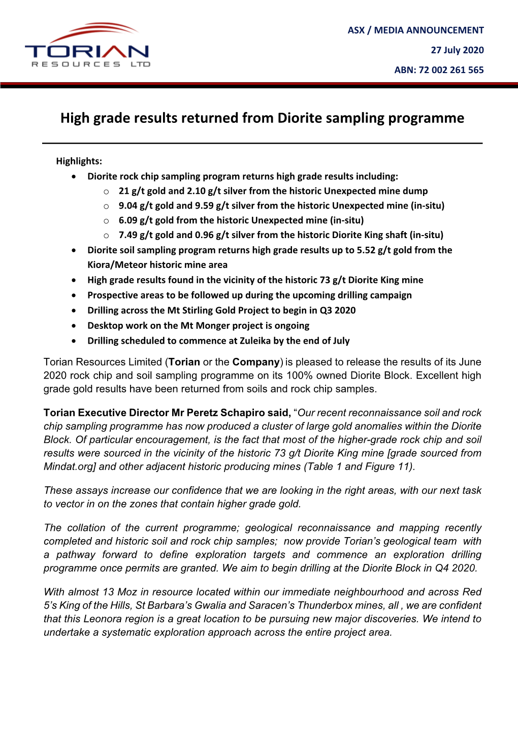 High Grade Results Returned from Diorite Sampling Programme