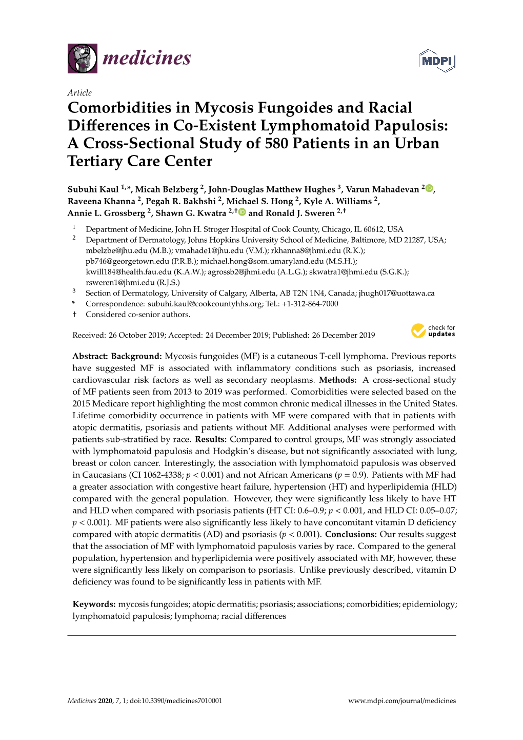 Comorbidities in Mycosis Fungoides and Racial Differences In