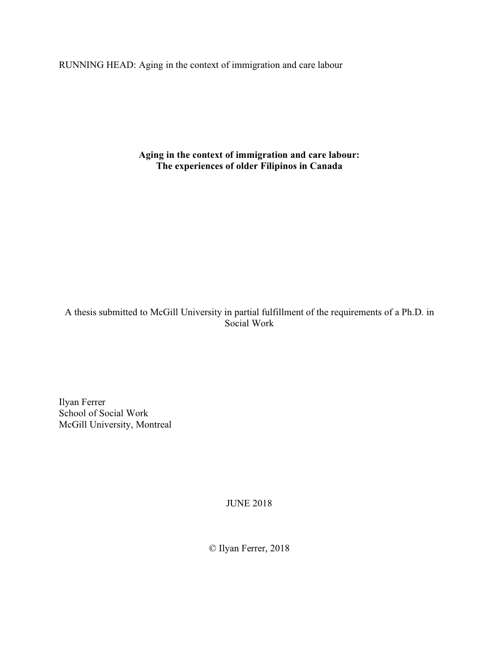 RUNNING HEAD: Aging in the Context of Immigration and Care Labour