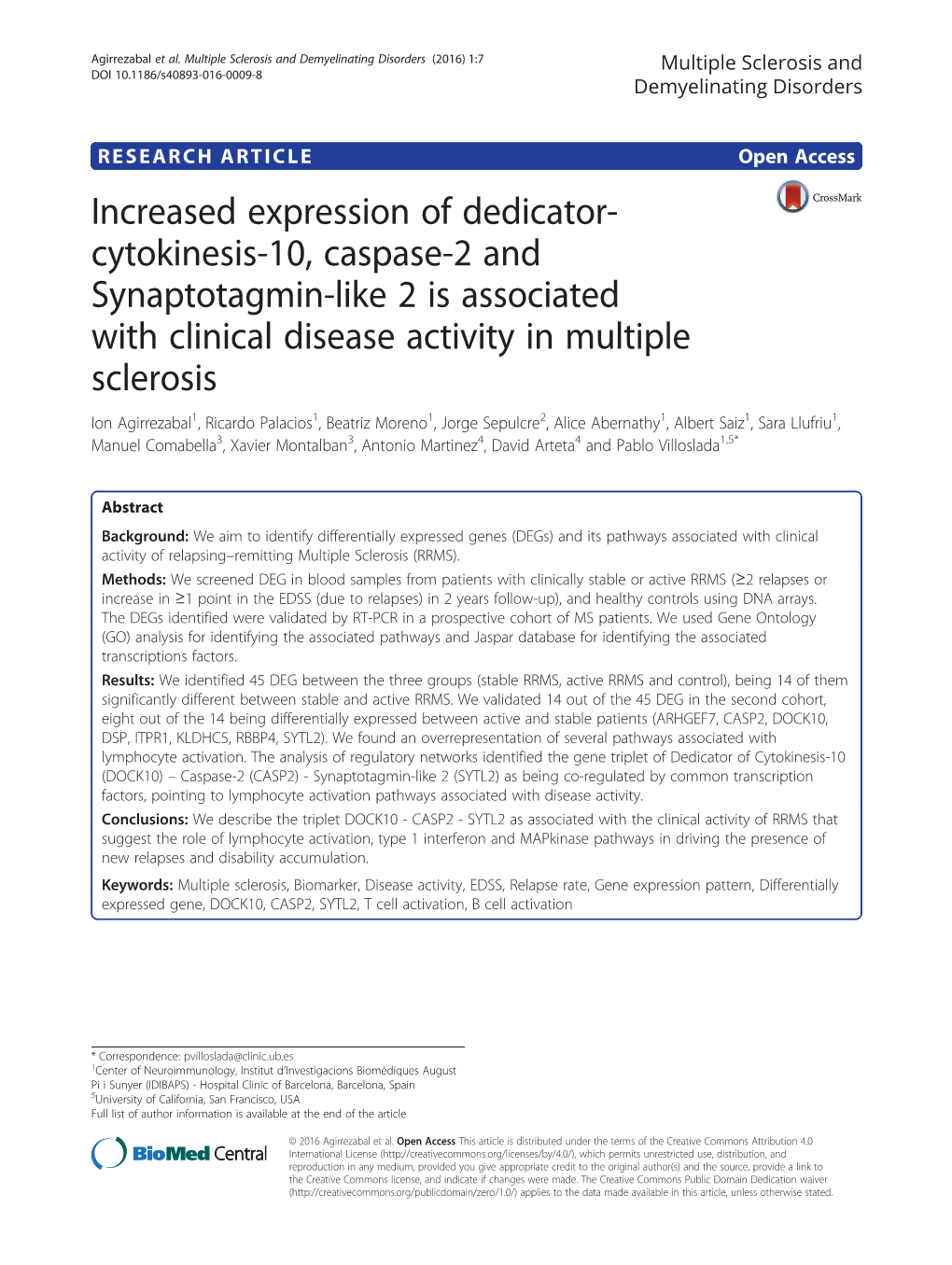 Increased Expression of Dedicator-Cytokinesis-10, Caspase