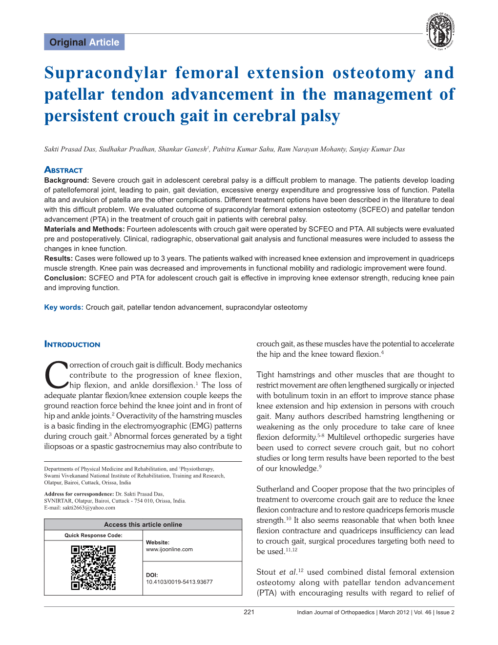 Supracondylar Femoral Extension Osteotomy and Patellar Tendon Advancement in the Management of Persistent Crouch Gait in Cerebral Palsy