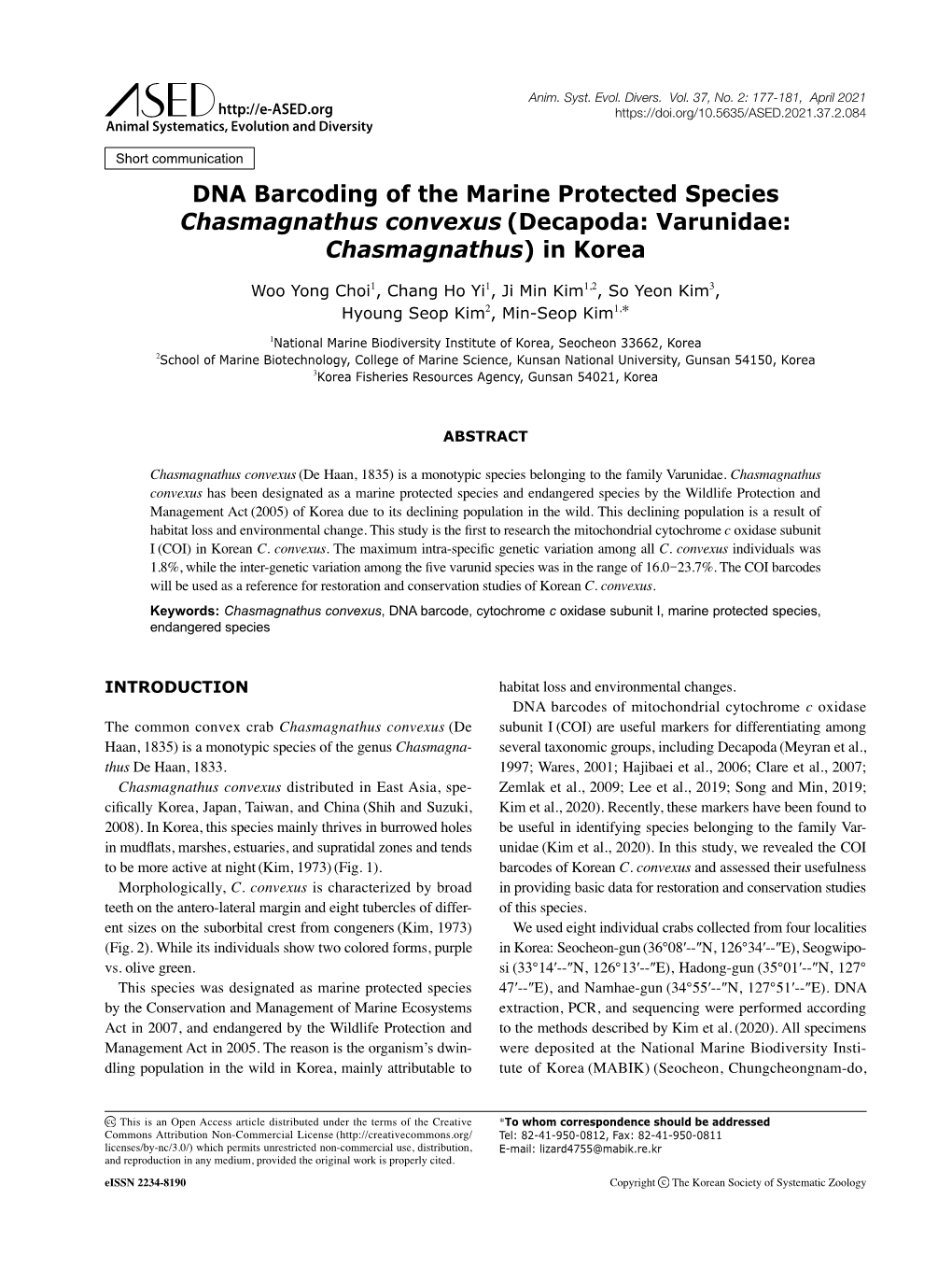 DNA Barcoding of the Marine Protected Species Chasmagnathus Convexus (Decapoda: Varunidae: Chasmagnathus) in Korea