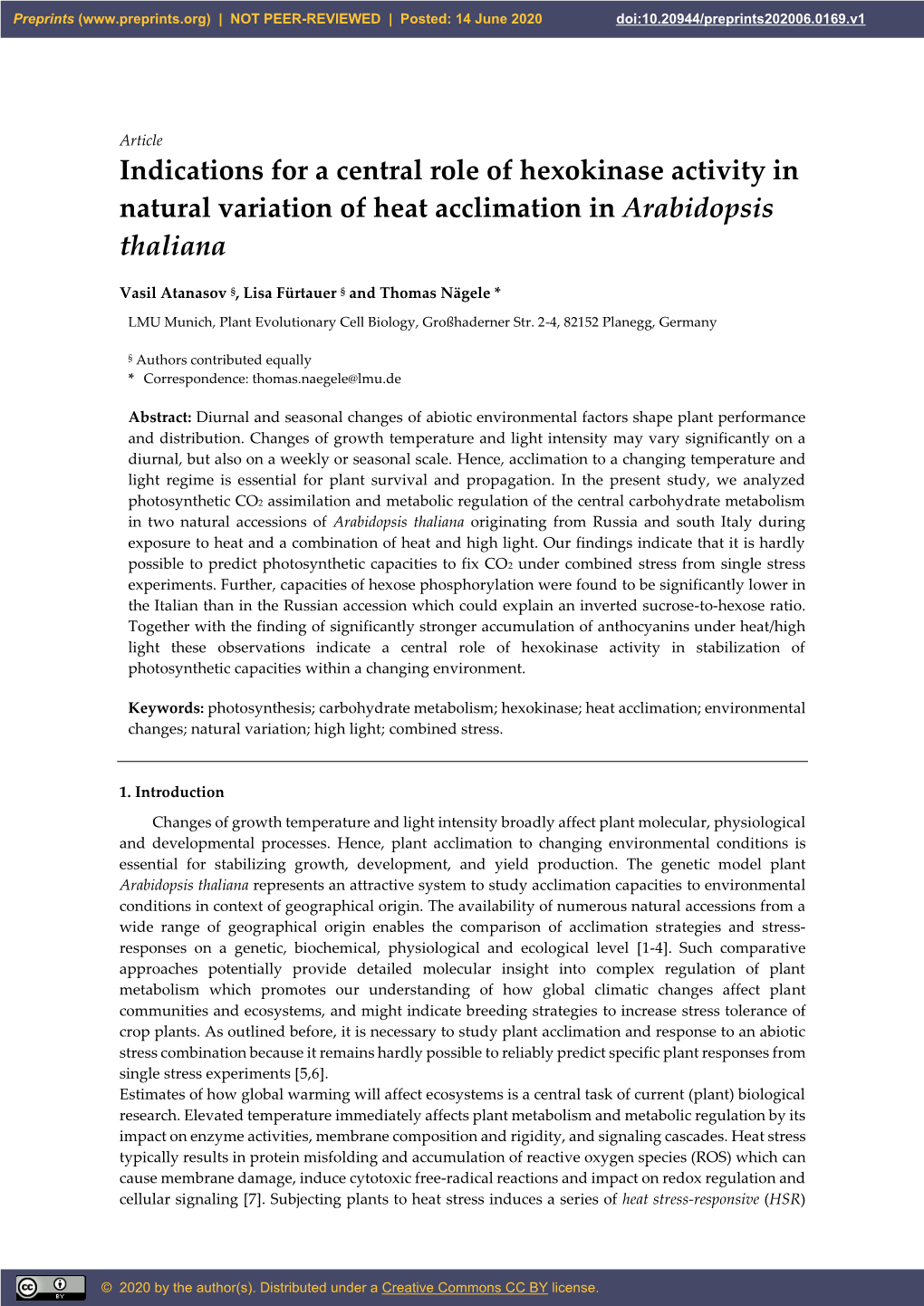 Indications for a Central Role of Hexokinase Activity in Natural Variation of Heat Acclimation in Arabidopsis Thaliana