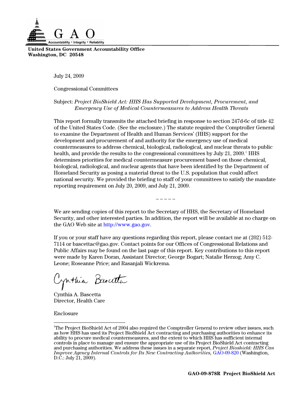 GAO-09-878R Project Bioshield Act: HHS Has Supported Development