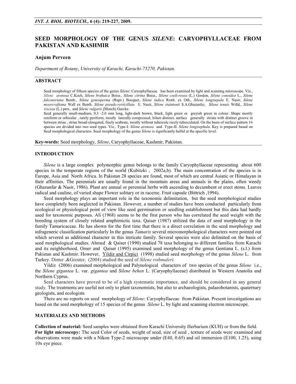 Seed Morphology of the Genus Silene: Caryophyllaceae from Pakistan and Kashmir