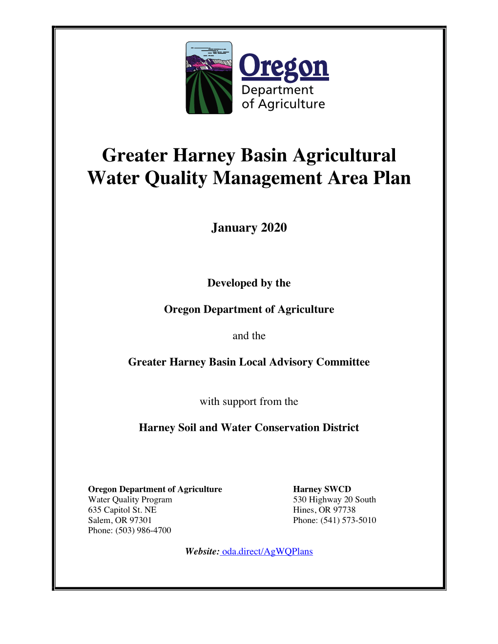 Greater Harney Basin Agricultural Water Quality Management Area Plan