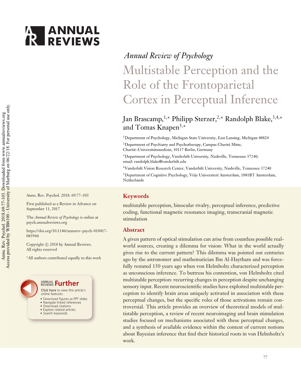 Multistable Perception and the Role of the Frontoparietal Cortex in Perceptual Inference