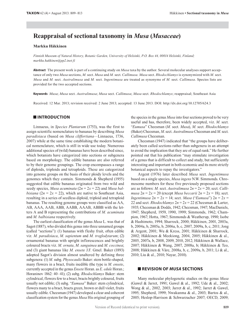 Reappraisal of Sectional Taxonomy in Musa (Musaceae)