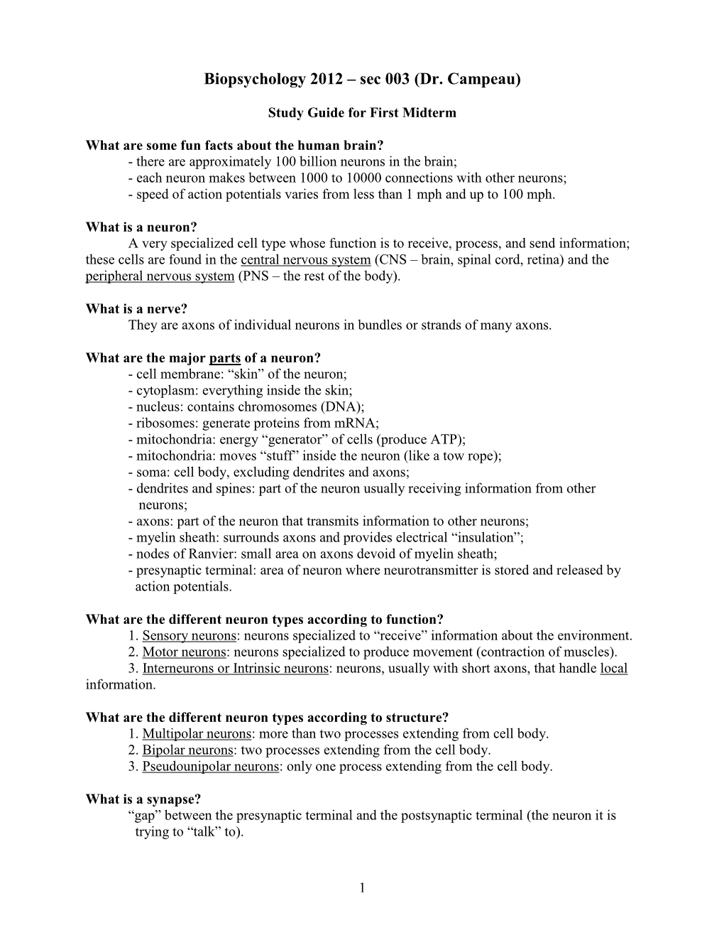 Biopsychology 2012 – Sec 003 (Dr