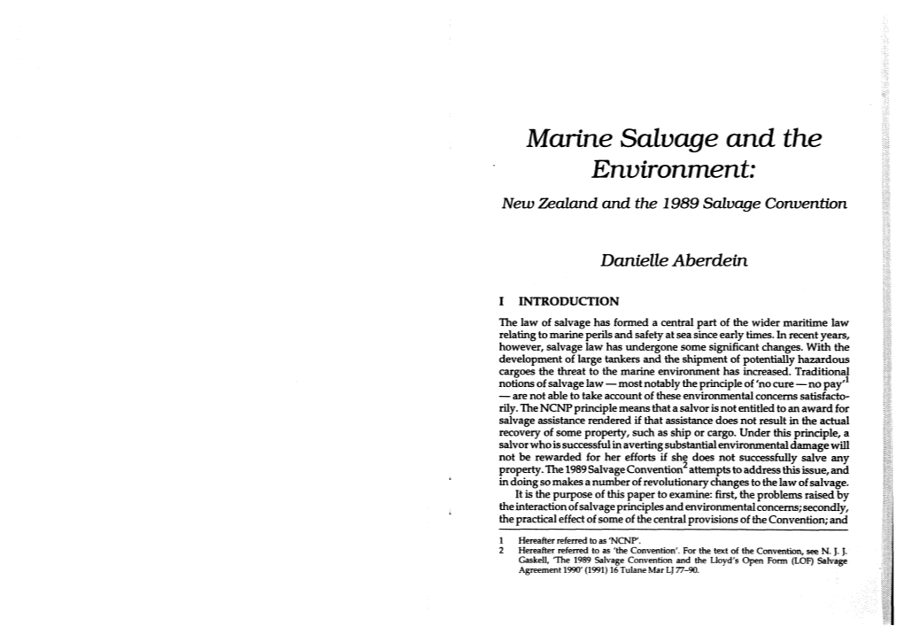 Marine Salvage and the Environment: New Zealand and the 1989 Salvage Convention