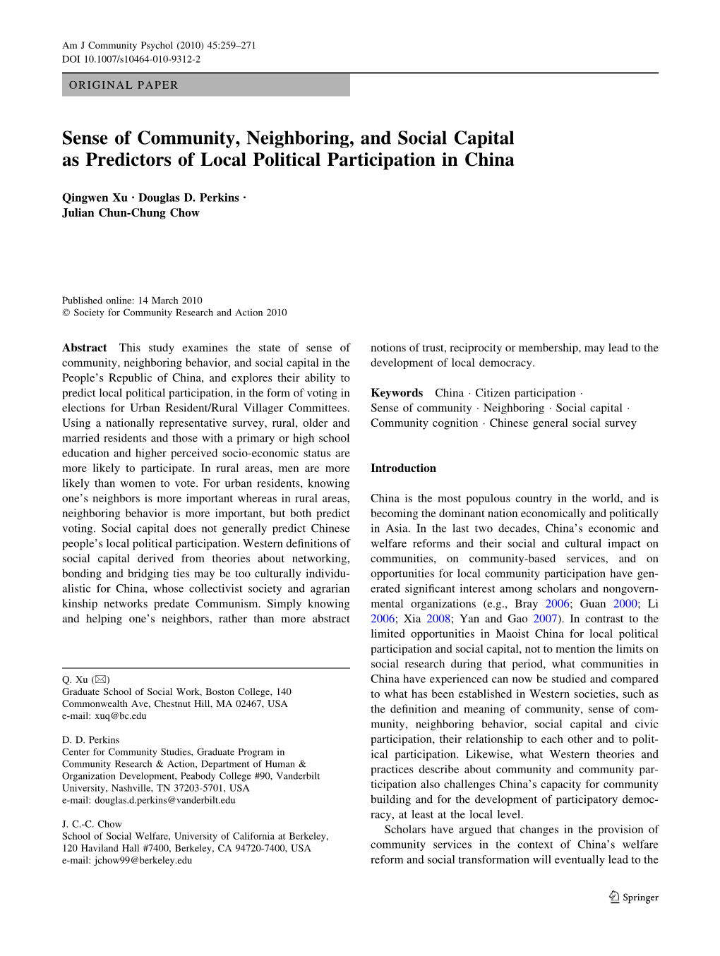 Sense of Community, Neighboring, and Social Capital As Predictors of Local Political Participation in China