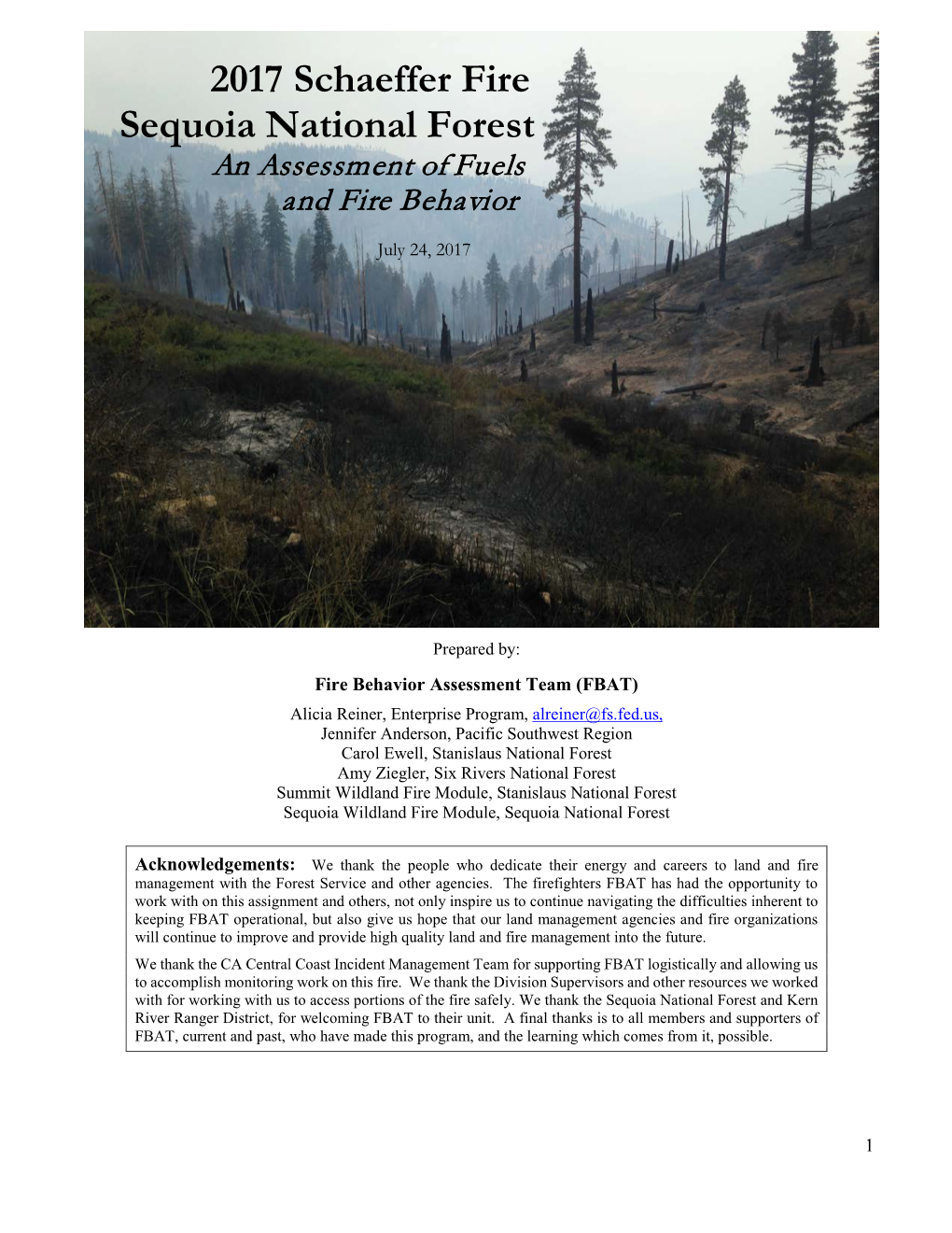 2017 Schaeffer Fire Sequoia National Forest, an Assessment of Fuels And