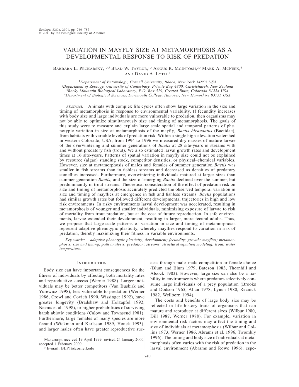 Variation in Mayfly Size at Metamorphosis As a Developmental Response to Risk of Predation