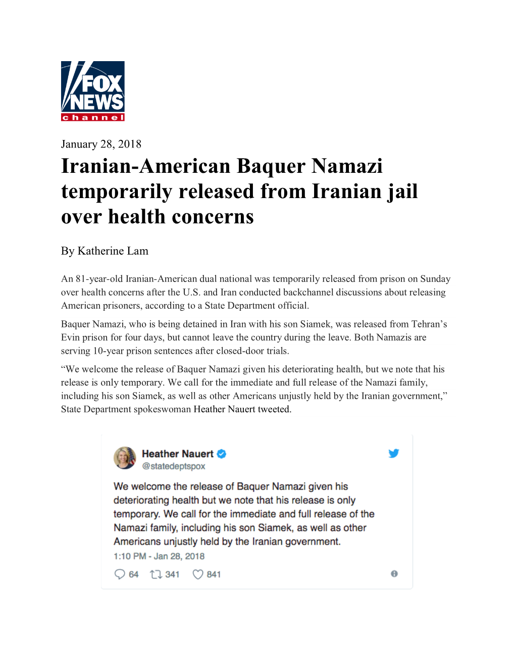 Iranian-American Baquer Namazi Temporarily Released from Iranian Jail Over Health Concerns