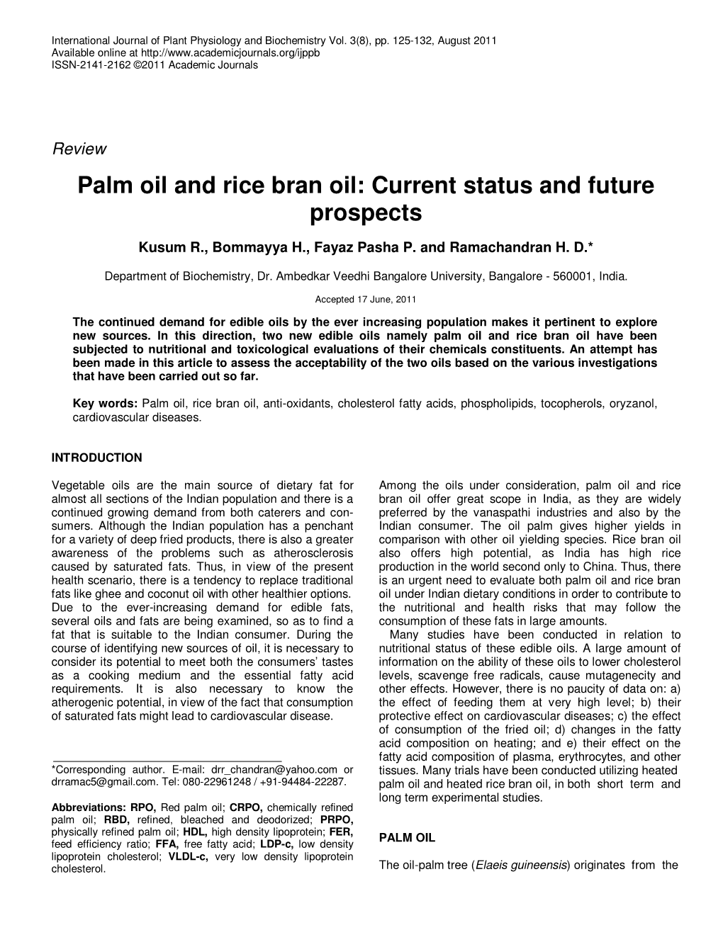 Palm Oil and Rice Bran Oil: Current Status and Future Prospects