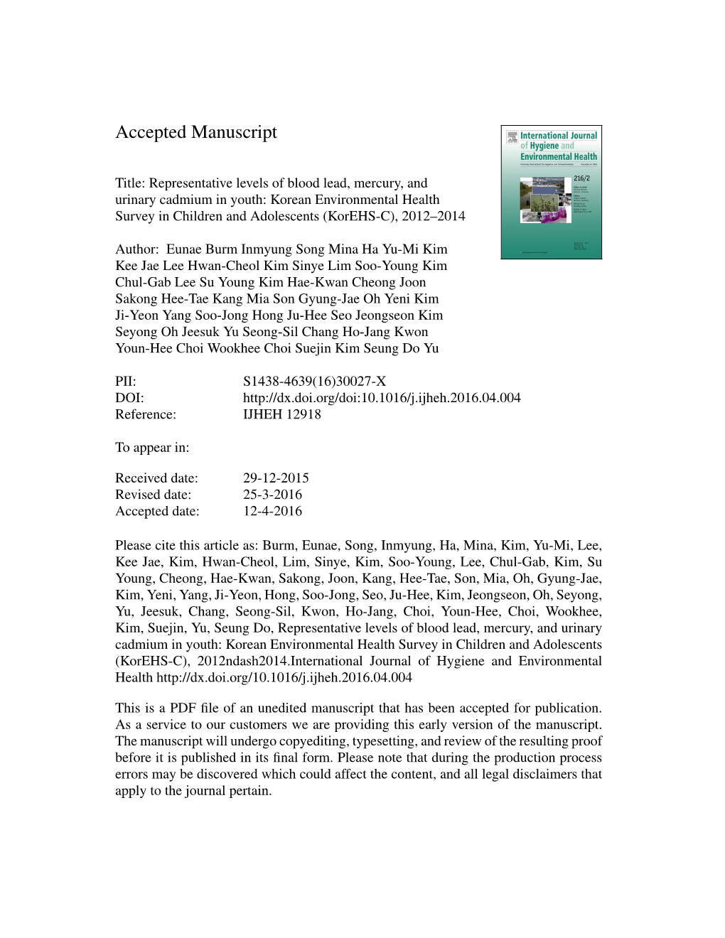 Representative Levels of Blood Lead, Mercury, and Urinary Cadmium in Youth: Korean Environmental Health Survey in Children and Adolescents (Korehs-C), 2012–2014