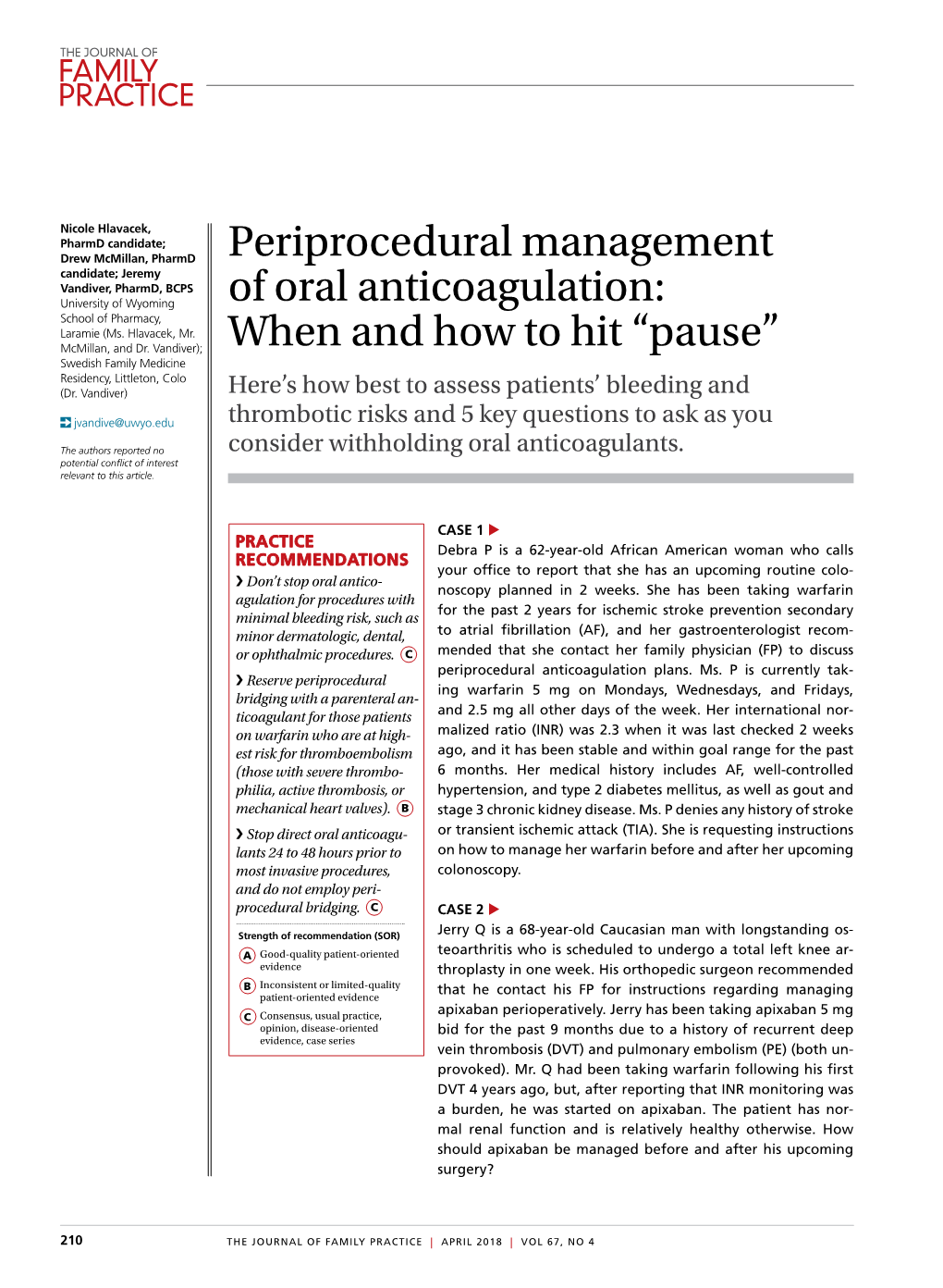 Periprocedural Management of Oral Anticoagulation