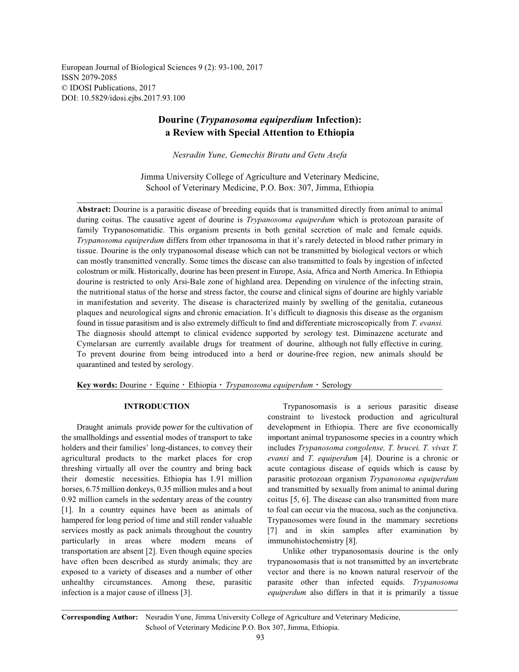 Dourine (Trypanosoma Equiperdium Infection): a Review with Special Attention to Ethiopia