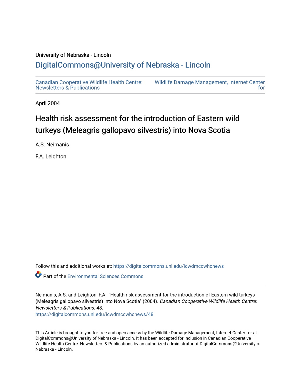 Health Risk Assessment for the Introduction of Eastern Wild Turkeys (Meleagris Gallopavo Silvestris) Into Nova Scotia