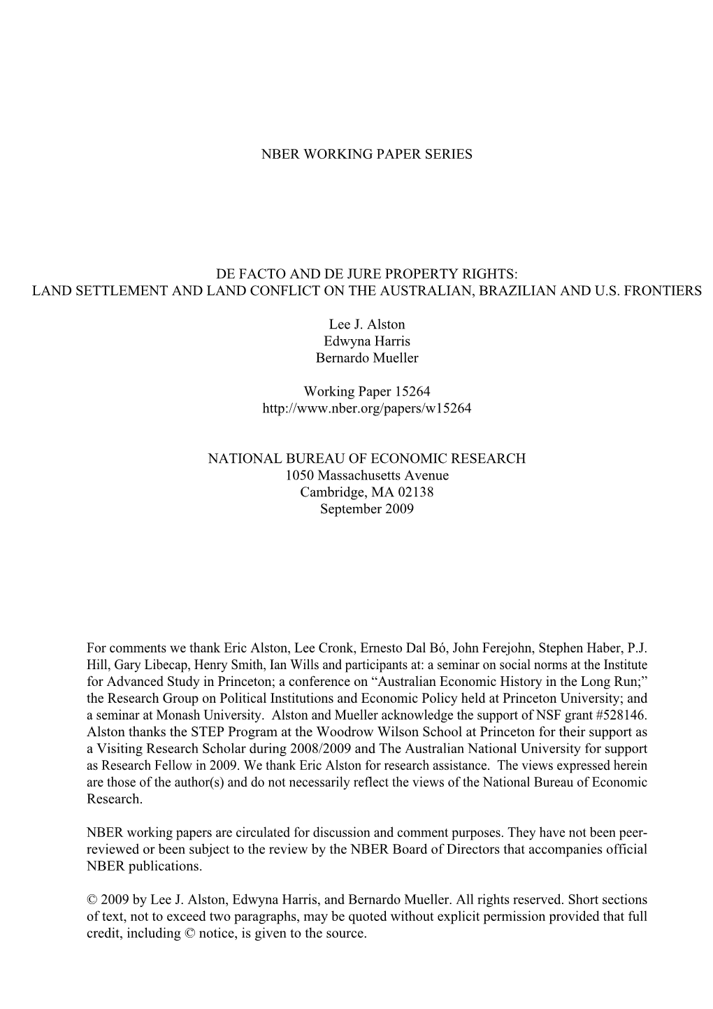 Nber Working Paper Series De Facto and De Jure Property Rights