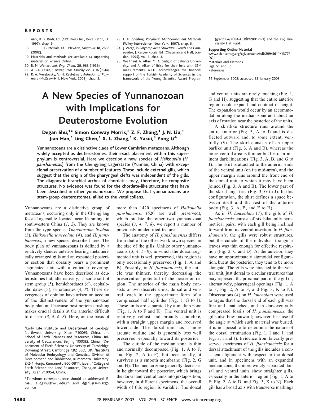 A New Species of Yunnanozoan with Implications for Deuterostome