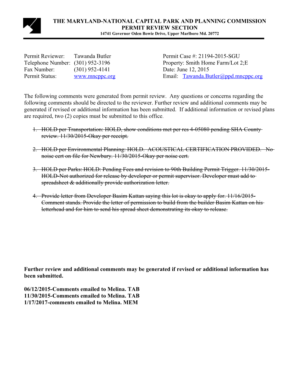 Permit Reviewer: Tawanda Butler Permit Case #: 21194-2015-SGU