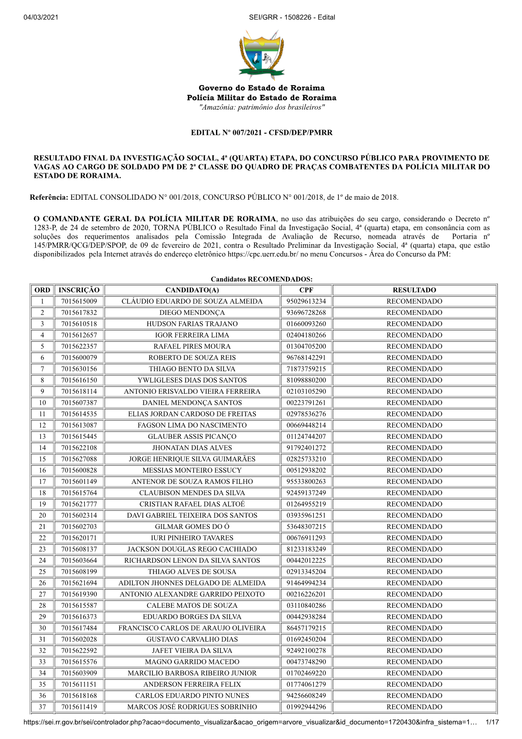 Governo Do Estado De Roraima Polícia Militar Do Estado De Roraima 