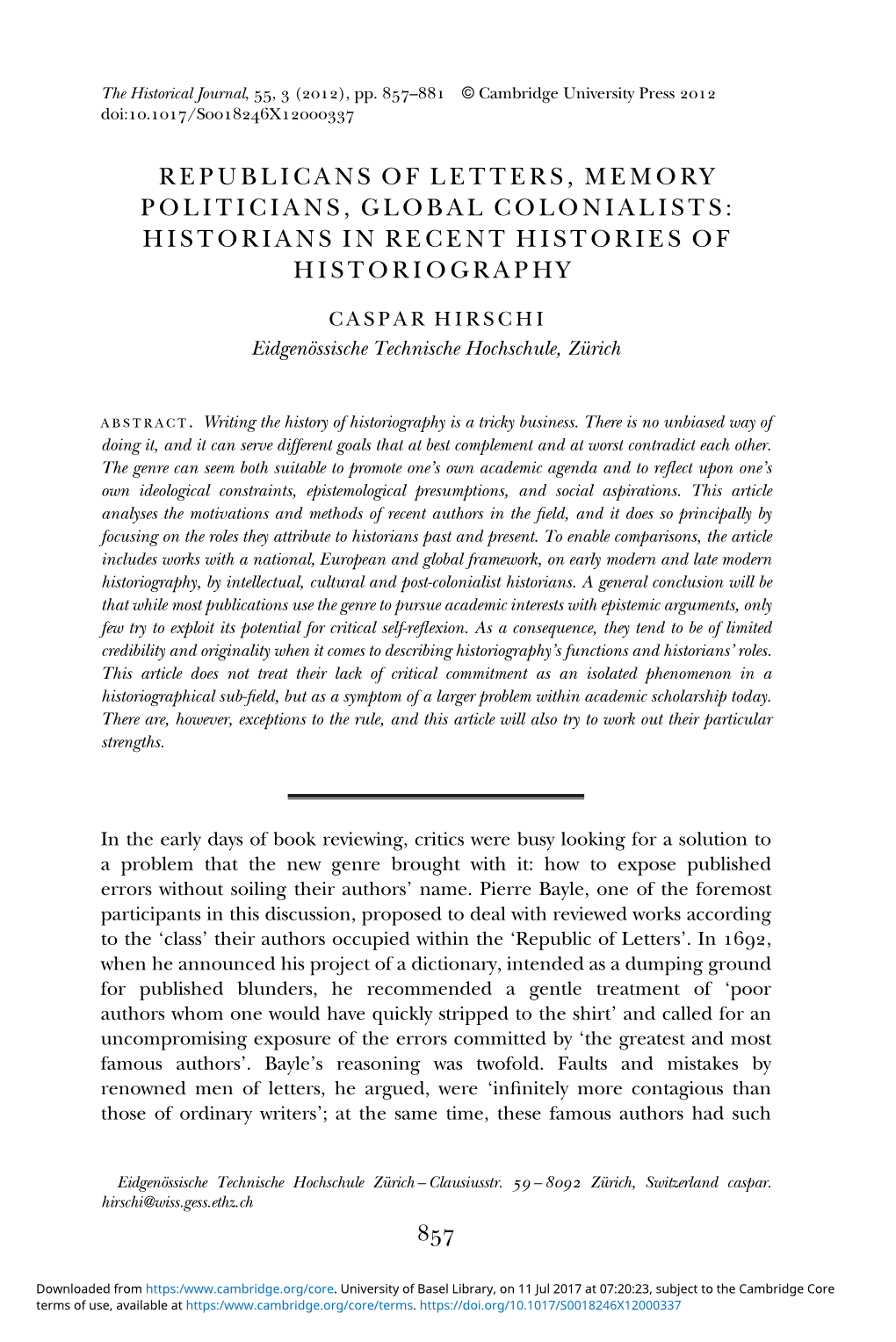 Historians in Recent Histories of Historiography