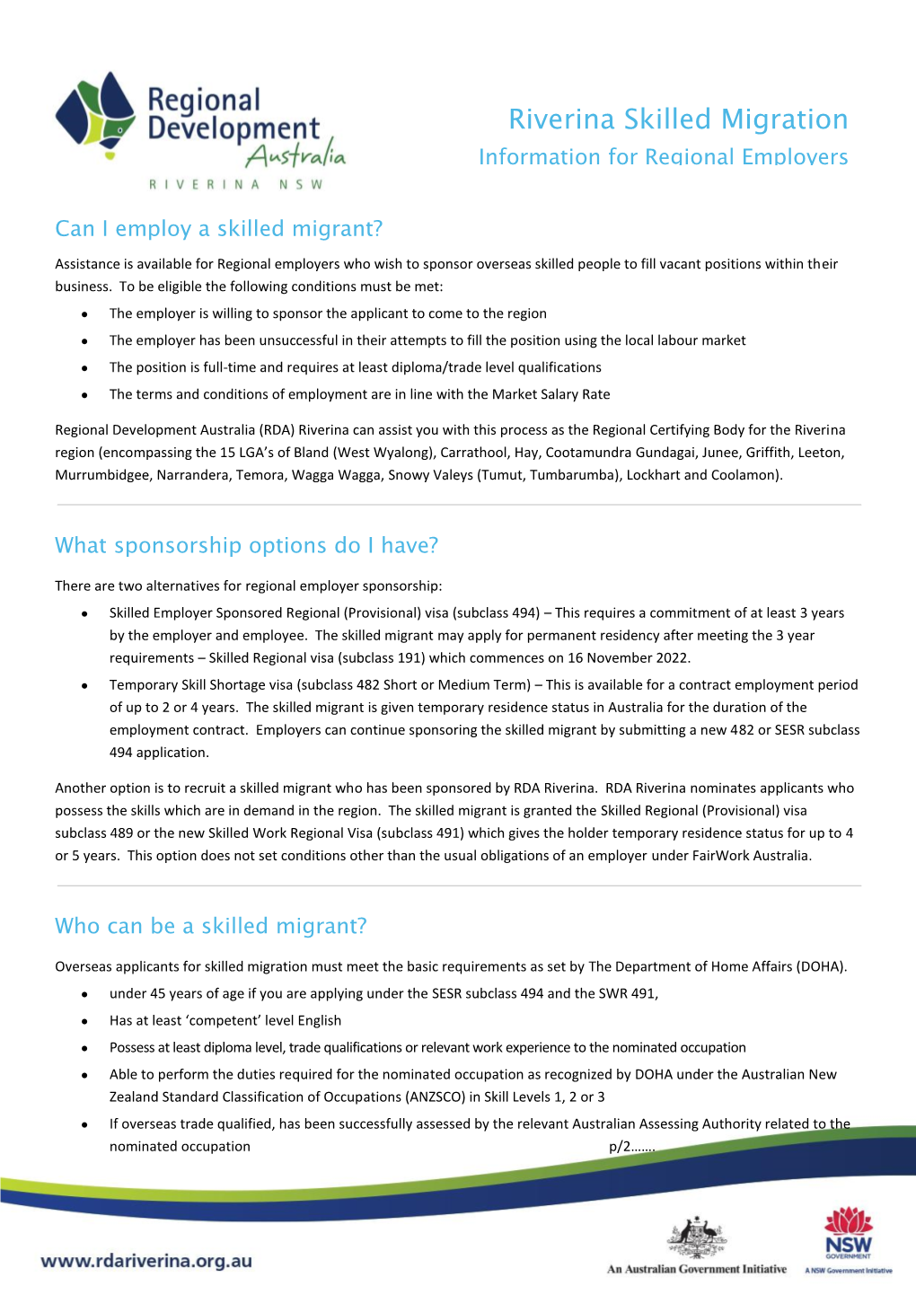 Riverina Skilled Migration Information for Regional Employers