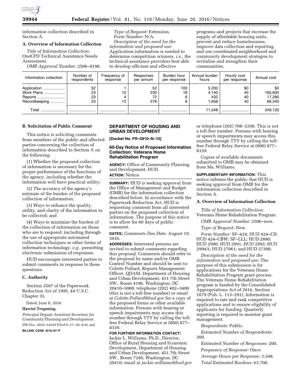 Federal Register/Vol. 81, No. 118/Monday, June 20, 2016/Notices