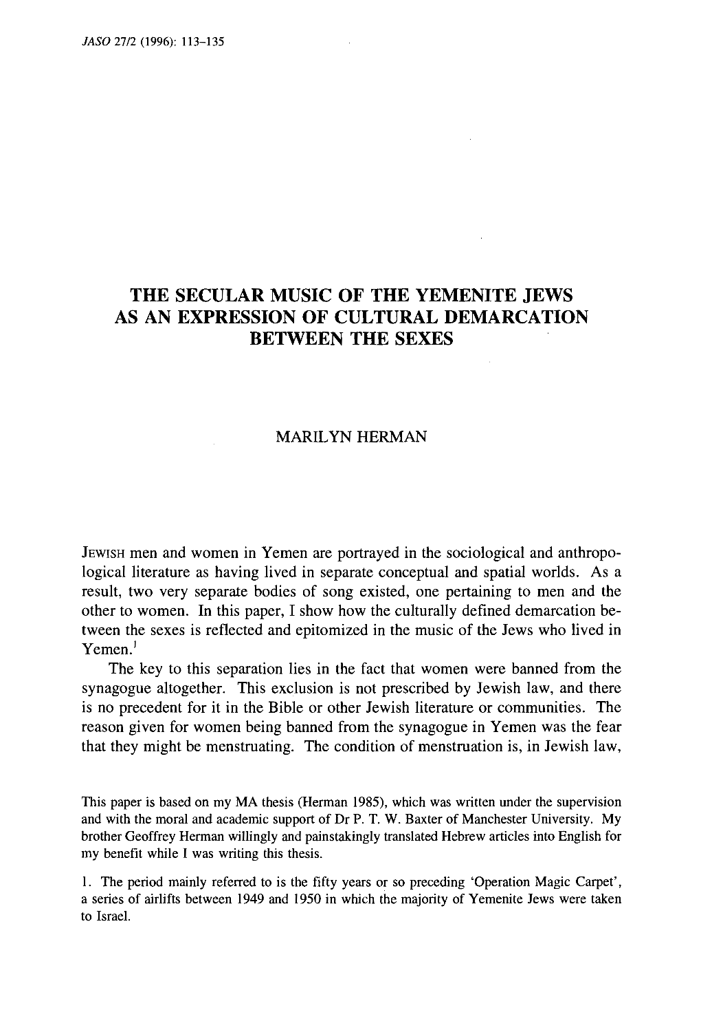 The Secular Music of the Yemenite Jews As an Expression of Cultural Demarcation Between the Sexes