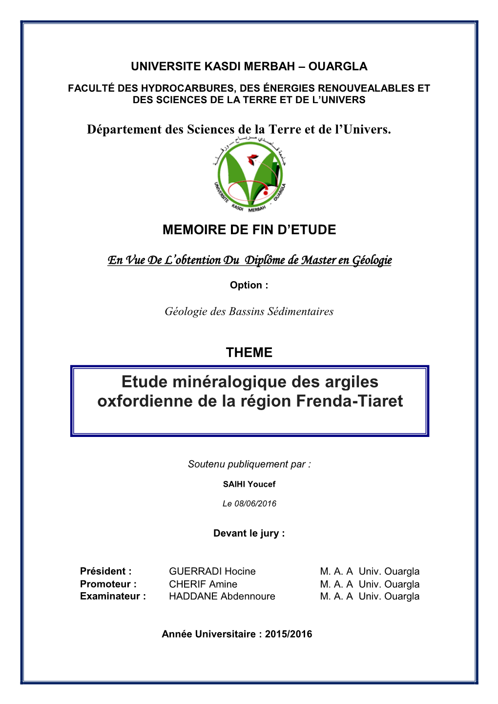 Etude Minéralogique Des Argiles Tiaret