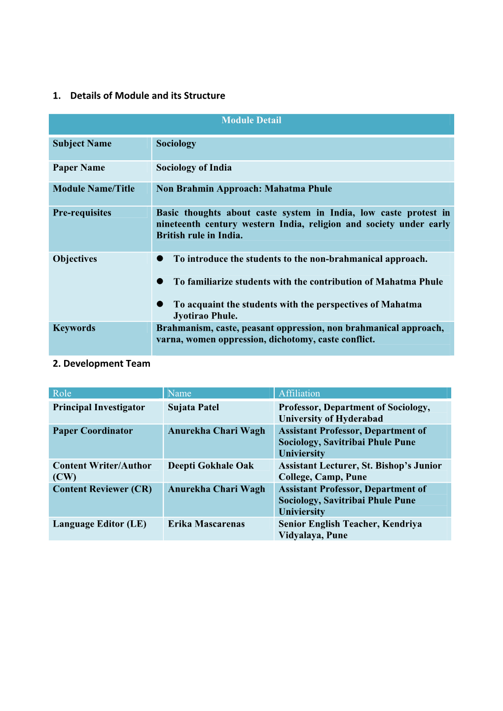 1. Details of Module and Its Structure 2. Development Team