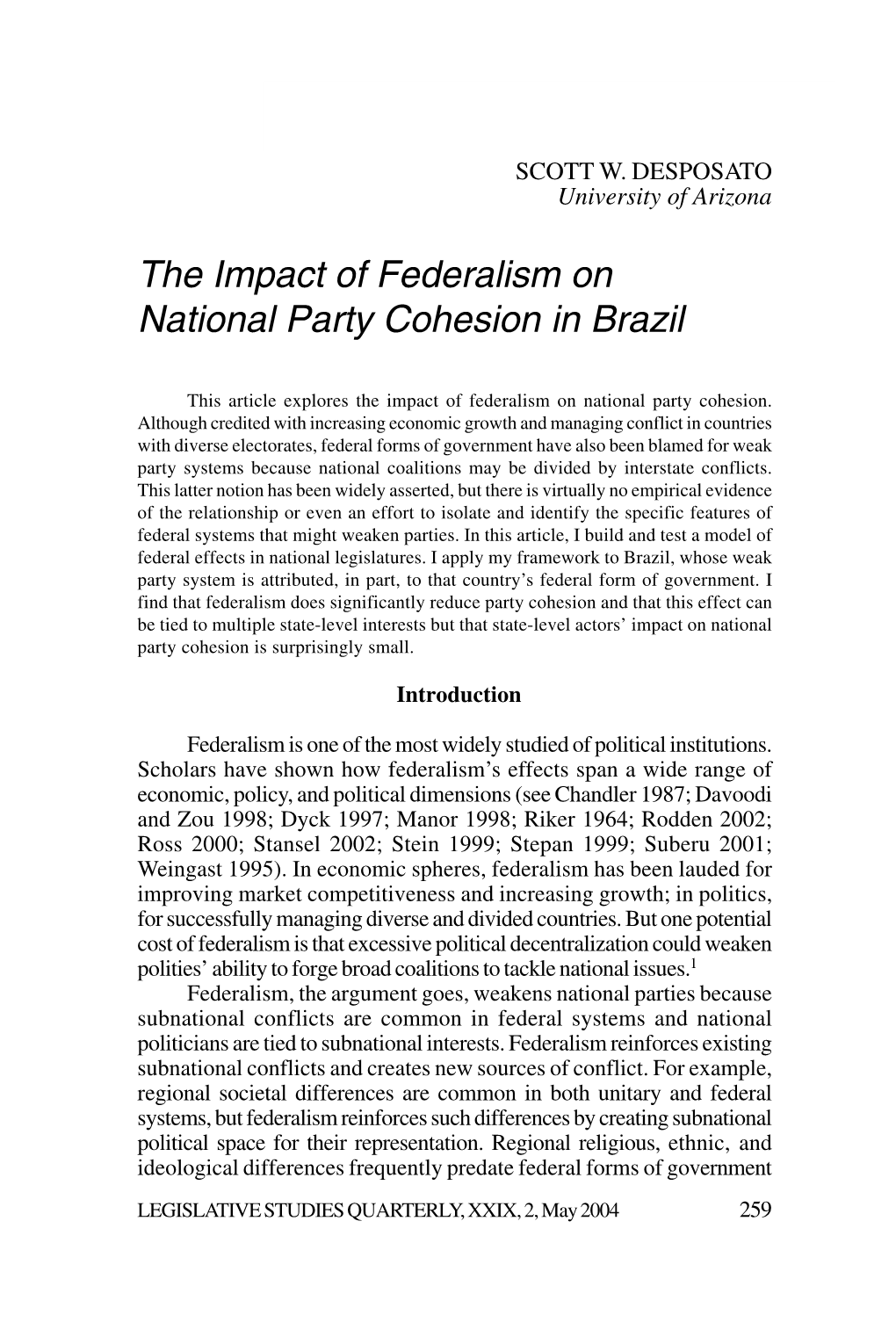 The Impact of Federalism on National Party Cohesion in Brazil