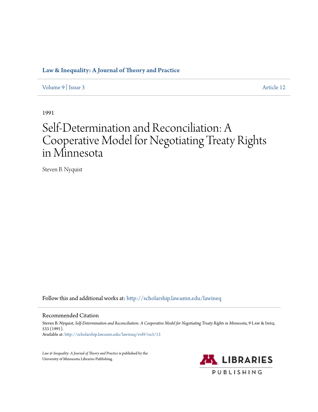 A Cooperative Model for Negotiating Treaty Rights in Minnesota Steven B