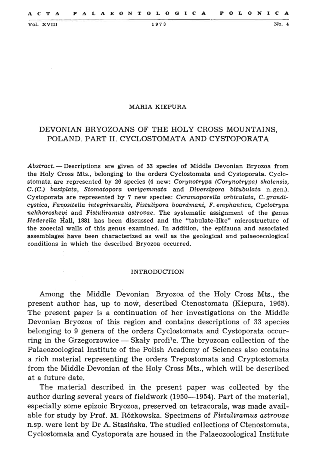 Devonian Bryozoans of the Holy Cross Mountains, Poland