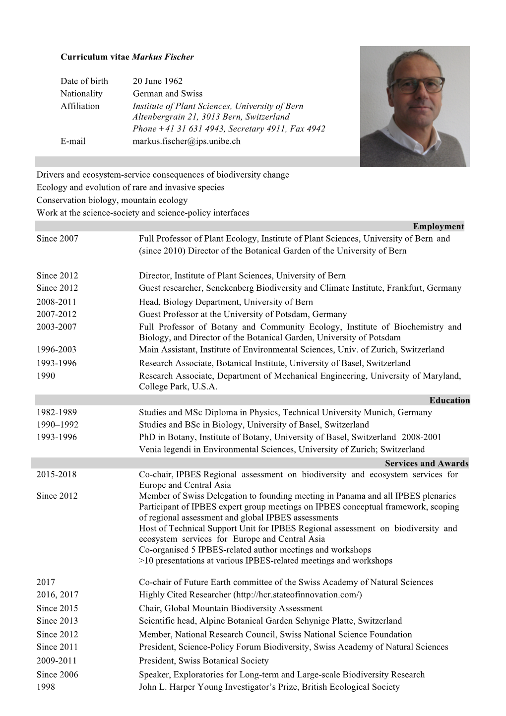 Curriculum Vitae Markus Fischer Date of Birth 20 June 1962