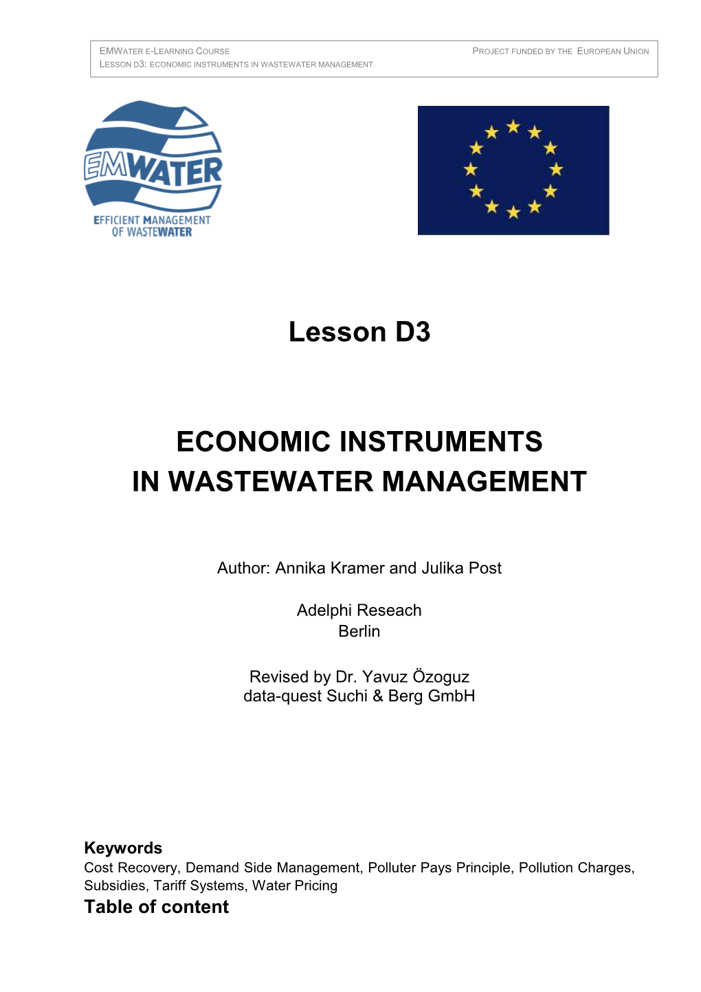 Lesson D3 ECONOMIC INSTRUMENTS in WASTEWATER MANAGEMENT