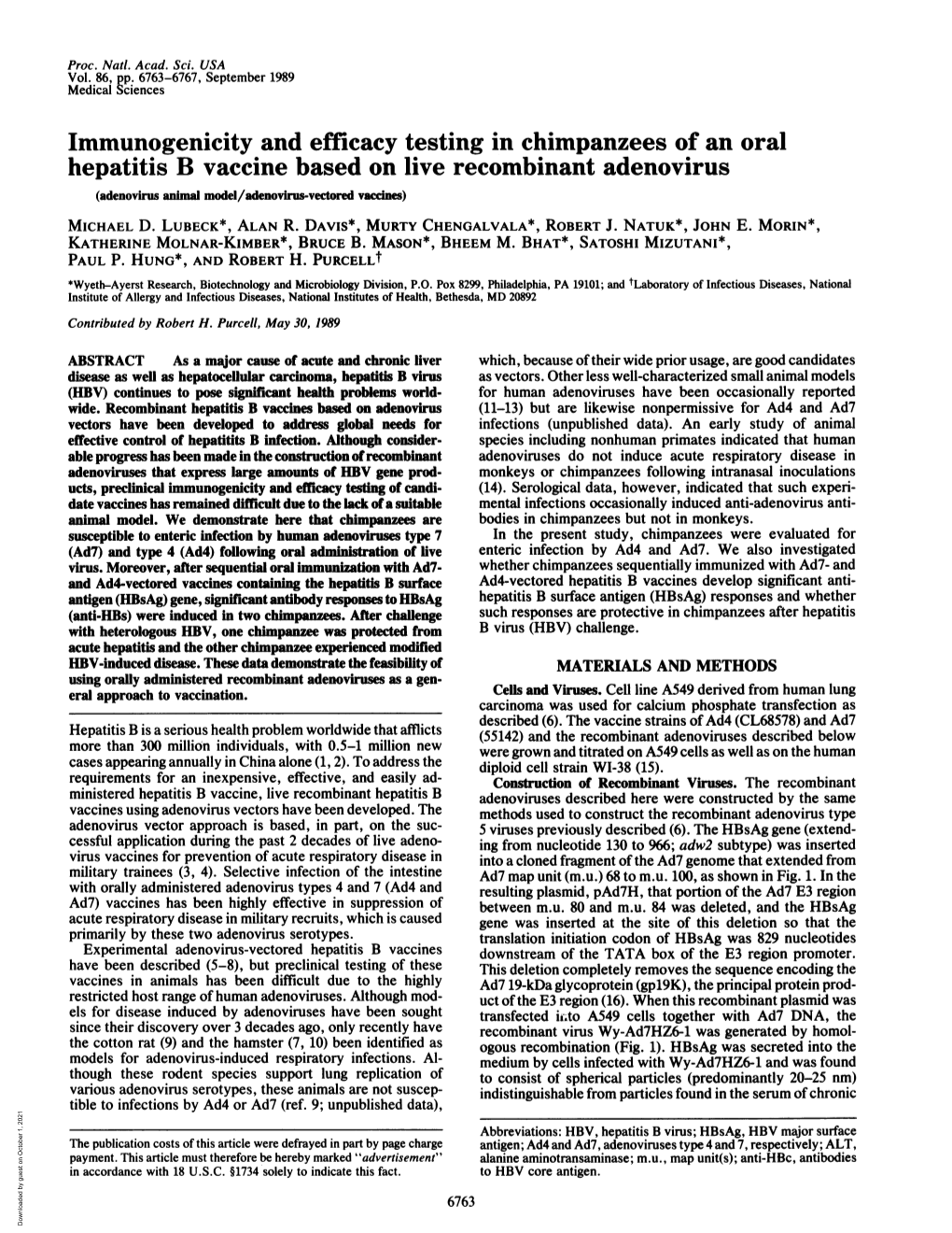 Immunogenicity and Efficacy Testing in Chimpanzees of an Oral Hepatitis B Vaccine Based on Live Recombinant Adenovirus