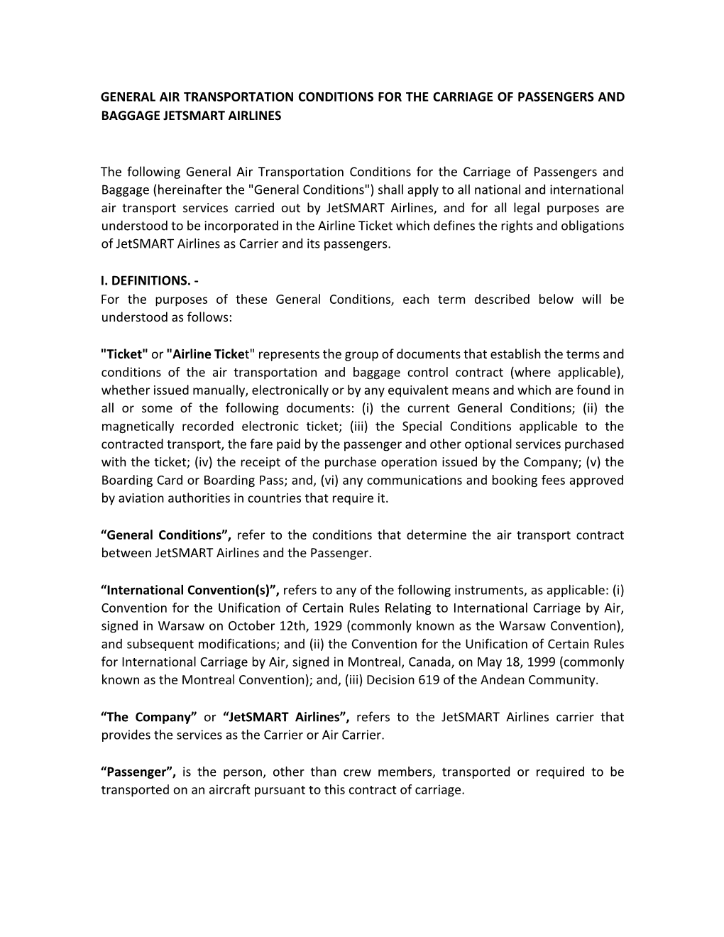 General Air Transportation Conditions for the Carriage of Passengers and Baggage Jetsmart Airlines